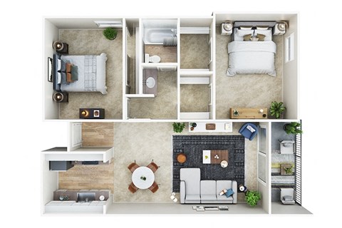 Floor plan for 2 beds, 1 bath, 902 sqft